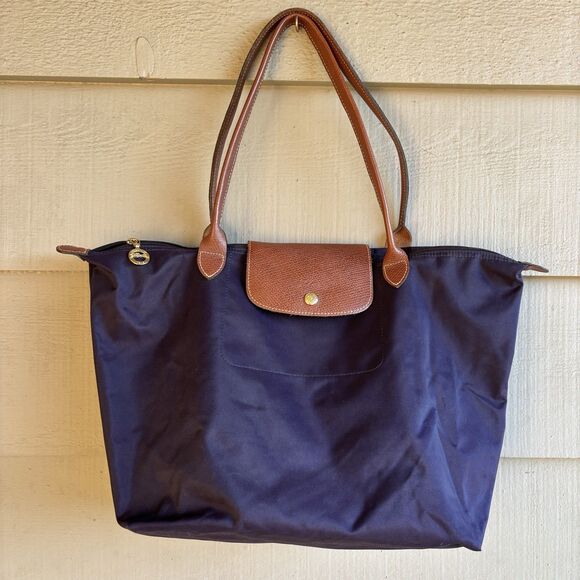 Longchamp Le Pliage Large Tote Purple Nylon Brown Leather Foldable Bag - Picture 1 of 11